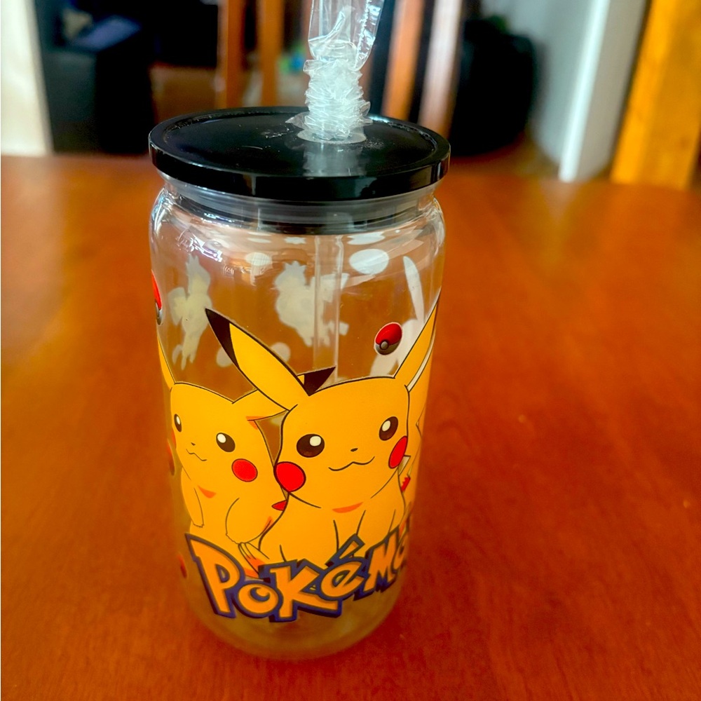 Pikachu Glass Tumbler with Black Lid